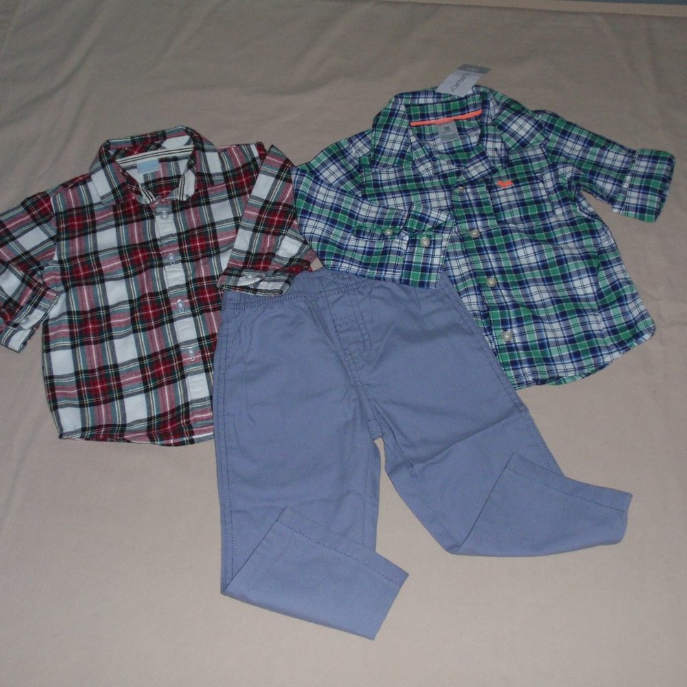 NWT Carters Edgehill Collection Boys Plaid Shirt Button Up Gray Pants 18m
